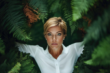 Confident Woman in White Shirt Surrounded by Lush Green Ferns Outdoors.の素材