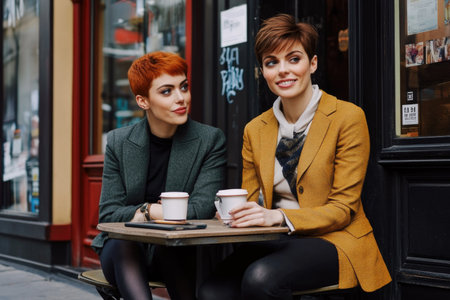 Two Fashionable Women Enjoying Coffee at Outdoor Cafe in Stylish Blazers, Urban Street Scene.の素材