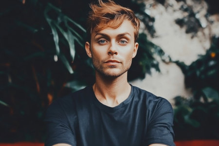 Young Man with Tousled Hair Wearing Black T-Shirt Posing Outdoors in Tropical Garden.の素材