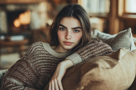 Cozy Young Woman Relaxing Indoors - Natural Beauty and Comfort in a Rustic Setting.の素材