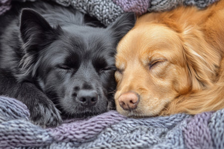 Two Dogs Sleeping Peacefully on a Cozy Knitted Blanket in Soft Light.の素材