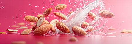 Fresh Almonds with Splashes of Water on Vibrant Pink Background - Healthy Food Concept.の素材