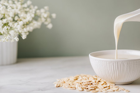 Pouring Milk into White Bowl - Healthy Breakfast with Oats and Floral Decor.の素材