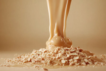 Smooth Caramel Pouring Over Crushed Nuts Against Brown Background.の素材