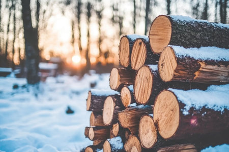 Stacked Firewood in Snowy Forest at Sunset - Cozy Winter Scene in Nature.の素材