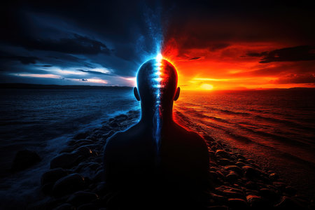 Human Silhouette with Duality of Light and Darkness at Sunset by Ocean.の素材