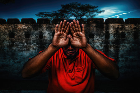 Man in Red Shirt Making Hand Gesture Against Historic Wall at Dusk.の素材