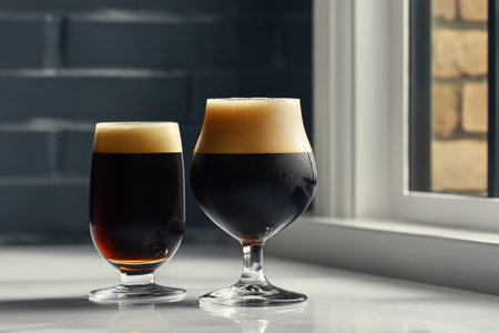 Two Glasses of Dark Beer by the Window - Refreshing Beverage in Cozy Indoor Setting.の素材