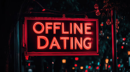 Retro Style Neon Billboard with "Offline Dating" Sign on Busy Urban Street at Night.の素材