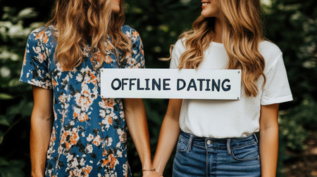 Romantic Couple Holding Hands with Offline Dating Sign in a Garden - Concept of Traditional Meetup and Relationships.の素材