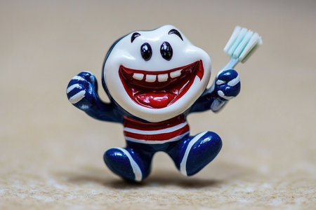 Smiling Tooth Character Holding Toothbrush, Dental Health Concept, Happy Mascot Illustration.の素材