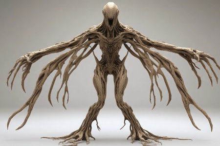 Creepy Twisted Woodland Creature with Extended Branch-Like Limbs on a Gray Background.の素材