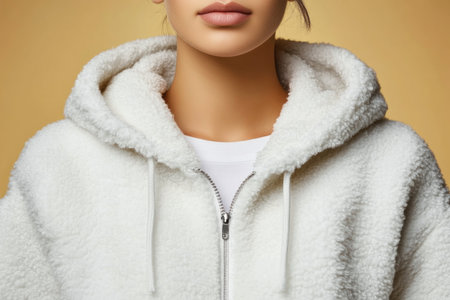 Woman Wearing Cozy White Fleece Hoodie Against Golden Background for Fashion and Comfort Concept.の素材