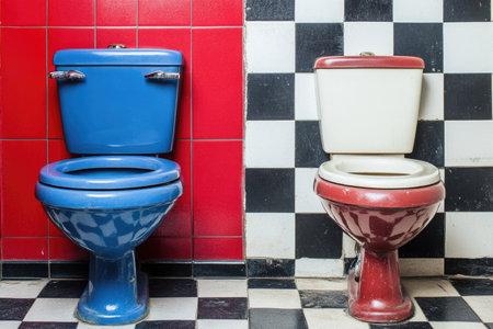 Colorful Bathrooms: Blue and Red Toilet with Red Tiles, Vintage Bathroom Design, Checkerboard Tile Floor.の素材