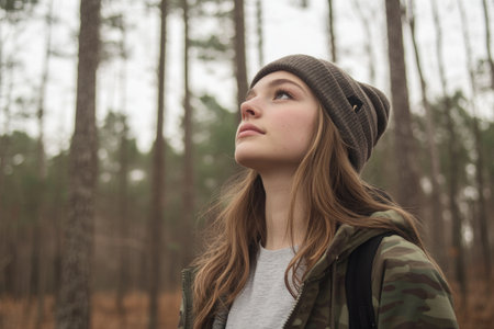 Young woman in beanie exploring serene forest landscape in winter.の素材