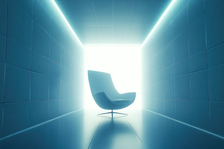 Futuristic minimalist chair in glowing tunnel with blue ambient light.の素材
