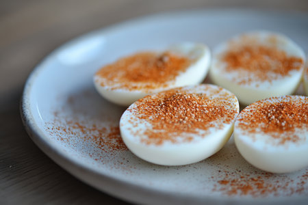 Spicy deviled eggs with paprika on ceramic plate for a flavorful snack.の素材