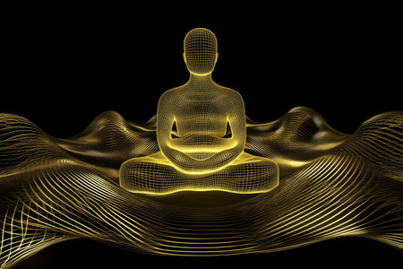 Abstract digital meditation: golden wireframe figure in lotus pose amidst flowing waves.の素材