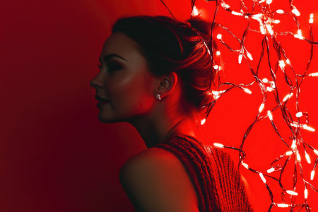 Silhouette of a woman against red background with festive lights and warm glow.の素材