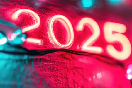 Vibrant neon lights with 2025 signage in abstract colorful background.の素材