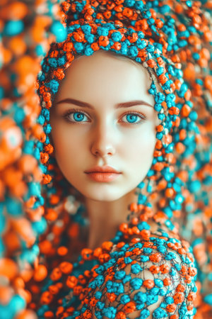 Ethereal woman in vibrant orange and blue crochet attire.の素材