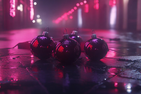 Glistening red ornaments on wet street with neon lights.の素材