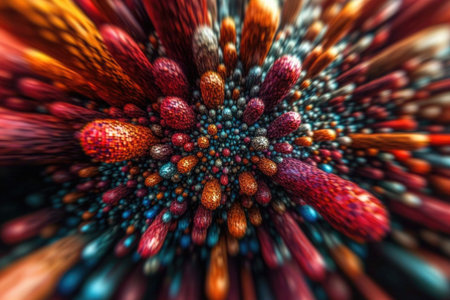 Vibrant abstract burst: colorful cylinders in dynamic explosion.の素材