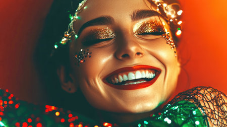 Joyful woman with glitter makeup and festive lights smiling radiantly.の素材