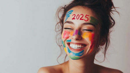 Joyful woman with colorful face paint celebrating the year 2025.の素材