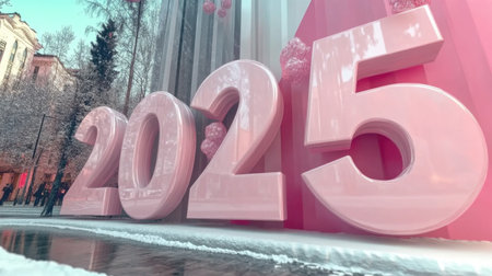 Futuristic 2025 snowy new year decor in urban winter wonderland.の素材