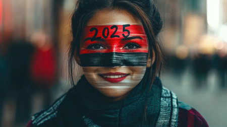 Portrait of woman with 2025 face paint and dark scarf in urban setting.の素材
