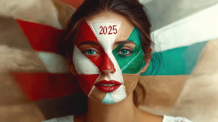 Vibrant face paint with 2025 design in bold colors.の素材