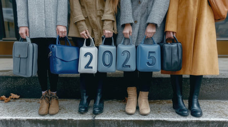 Fashionable group holding handbags displaying "2025" in urban setting.の素材