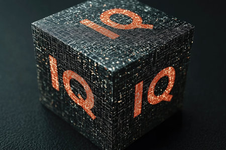 High-Tech Digital IQ Cube with Glowing Letters Reflecting Intelligence and Technology.の素材