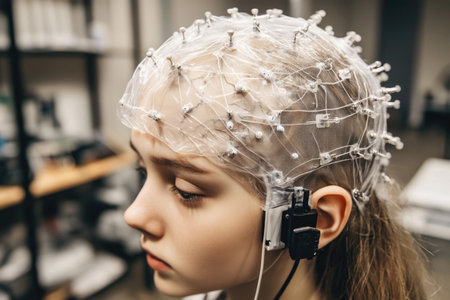 Young woman wearing eeg cap in modern neurological research lab.の素材