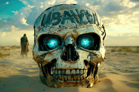 Futuristic metal skull in desert landscape with glowing eyes.の素材