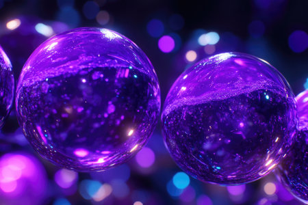 Vibrant purple glass spheres with sparkling abstract bokeh background.の素材