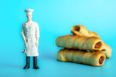 Miniature chef with freshly baked breadsticks on blue background.の写真素材