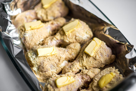 Seasoned chicken drumsticks with butter in foil for baking.の写真素材