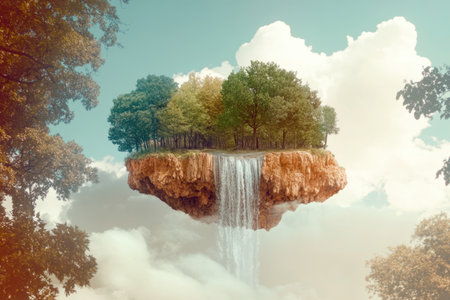 Floating island with waterfall and lush trees in a cloudy sky landscape.の素材