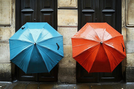 Vibrant rainy day: blue and red umbrellas against rustic doors.の素材