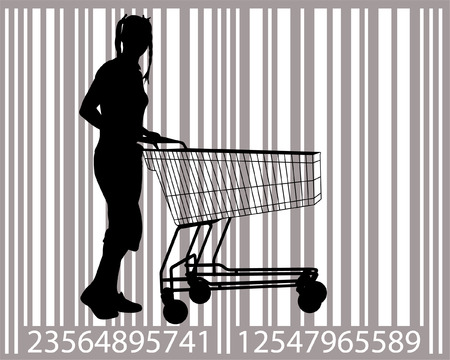 attractive young woman with shopping cart, with bar-code as backgroundのイラスト素材