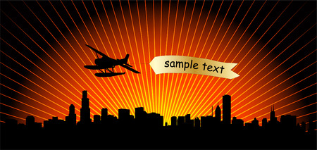 city skyline with airplane - vector のイラスト素材