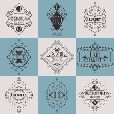 Retro Design Luxury Insignia  Template Set. Line Art Vintage Style Victorian Swash Elements. Elegant Geometric Shiny Floral Frames.のイラスト素材