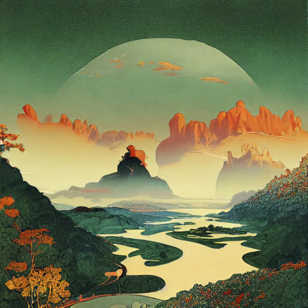 A hand drawn mystical land actpe with mountains and rivers in a japanese art style.の写真素材