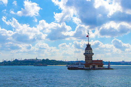 Istanbul Maiden Tower from the east with beautiful clouds. In the distance are such landmarks as Blue Mosque, Hagia Sophia and Topkapi Palace.の写真素材
