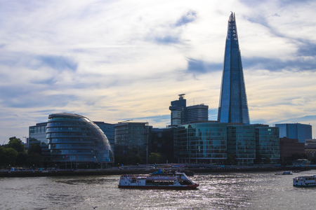 London, United Kingdom - August 28, 2017: City skyline at sunset with the Shard on Thames river by Tower Bridge in London, England at twilightのeditorial素材
