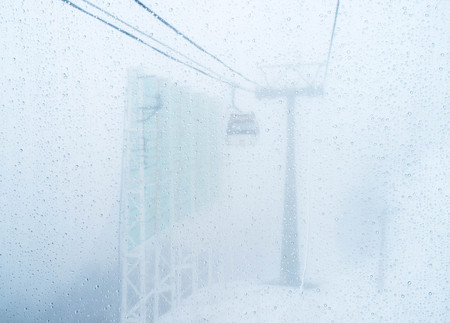 cable car transport electrical winter storm blizzard rain mountain white sky, snow background, ski...