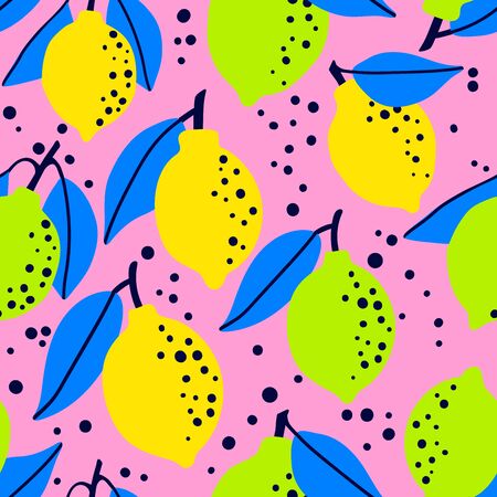 Fresh lemon lime fruit seamless pattern, abstract repeated background. Citrus design for paper, cover, fabric, gift wrap, wall art, interior dcor. Simple artistic drawing.のイラスト素材