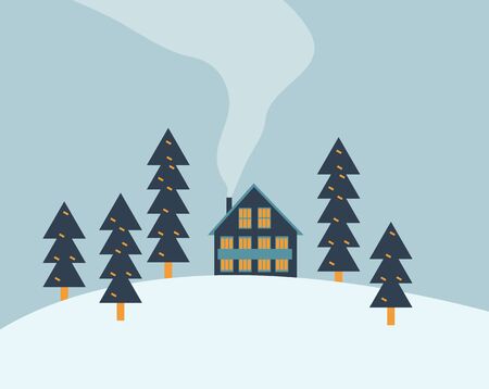 Chalet or cottage house among fir trees. Winter landscape or scenery. Resort village in snowy forest. Flat vector illustration.のイラスト素材